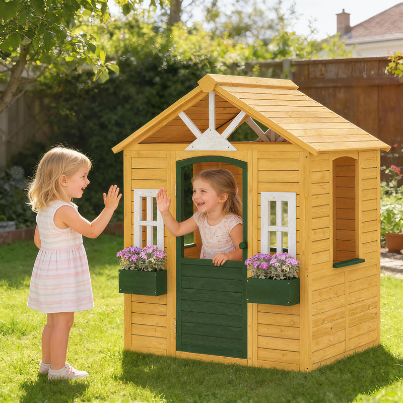 Qaba Kids Outdoor Playhouse - Qaba Outdoor Playhouse, Wooden Kids Playhouse
