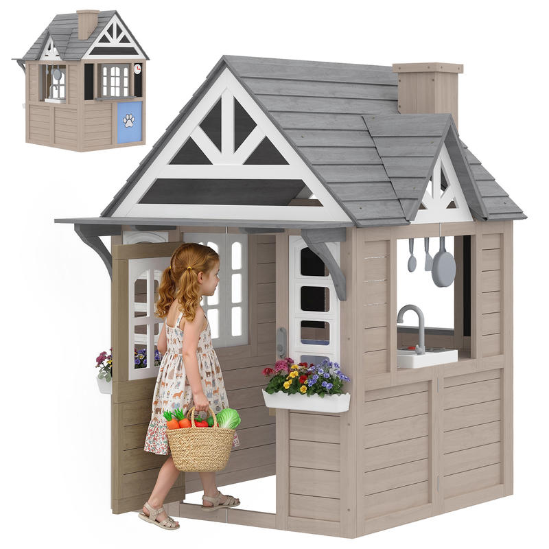 Qaba Kids Outdoor Playhouse - Qaba Outdoor Playhouse, Wooden Kids Playhouse