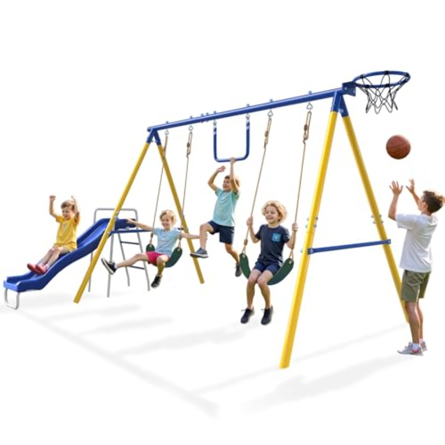Kids Outdoor Swing Set With Slide - Backyard outdoor playset for kids 3-12: