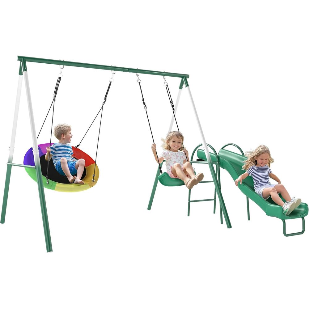 Kids Outdoor Swing Set With Slide - Adjustable Seat Swing and Saucer Swing