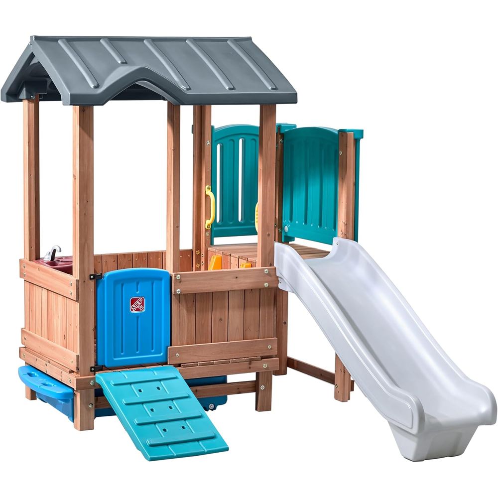 Kids Outdoor Swing Set With Slide - Step2 Woodland Adventure Playhouse & Slide,