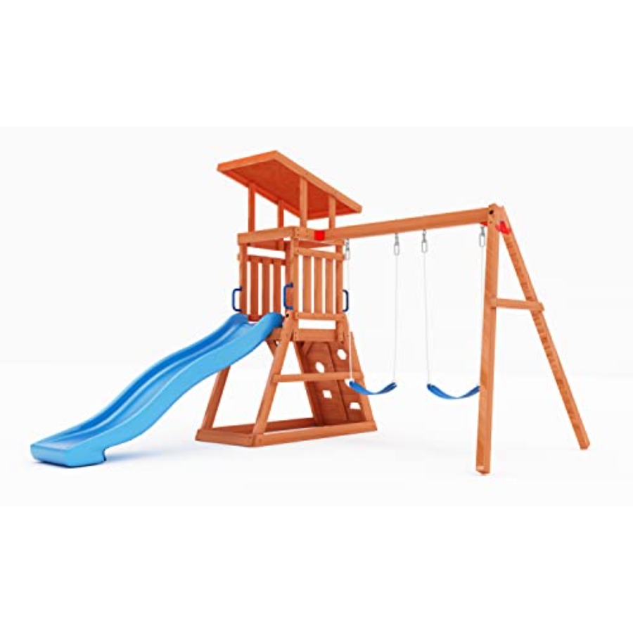 Kids Outdoor Swing Set With Slide - Wooden Swing Sets for Backyard with