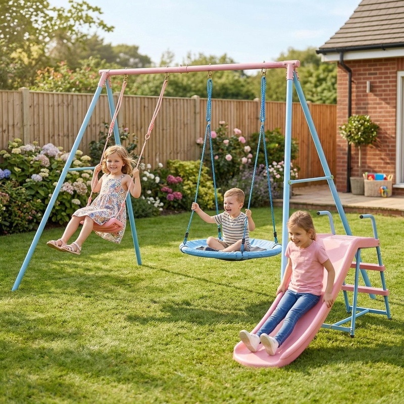 Kids Outdoor Swing Set With Slide - Blue and Pink Two-Person Swing Set