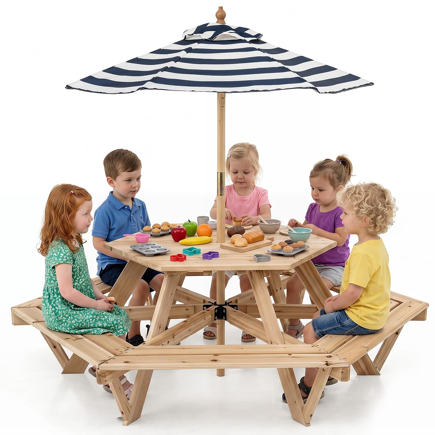 Kids Outdoor Umbrella For Table - Kids Picnic Table, Hexagonal Wooden Toddler