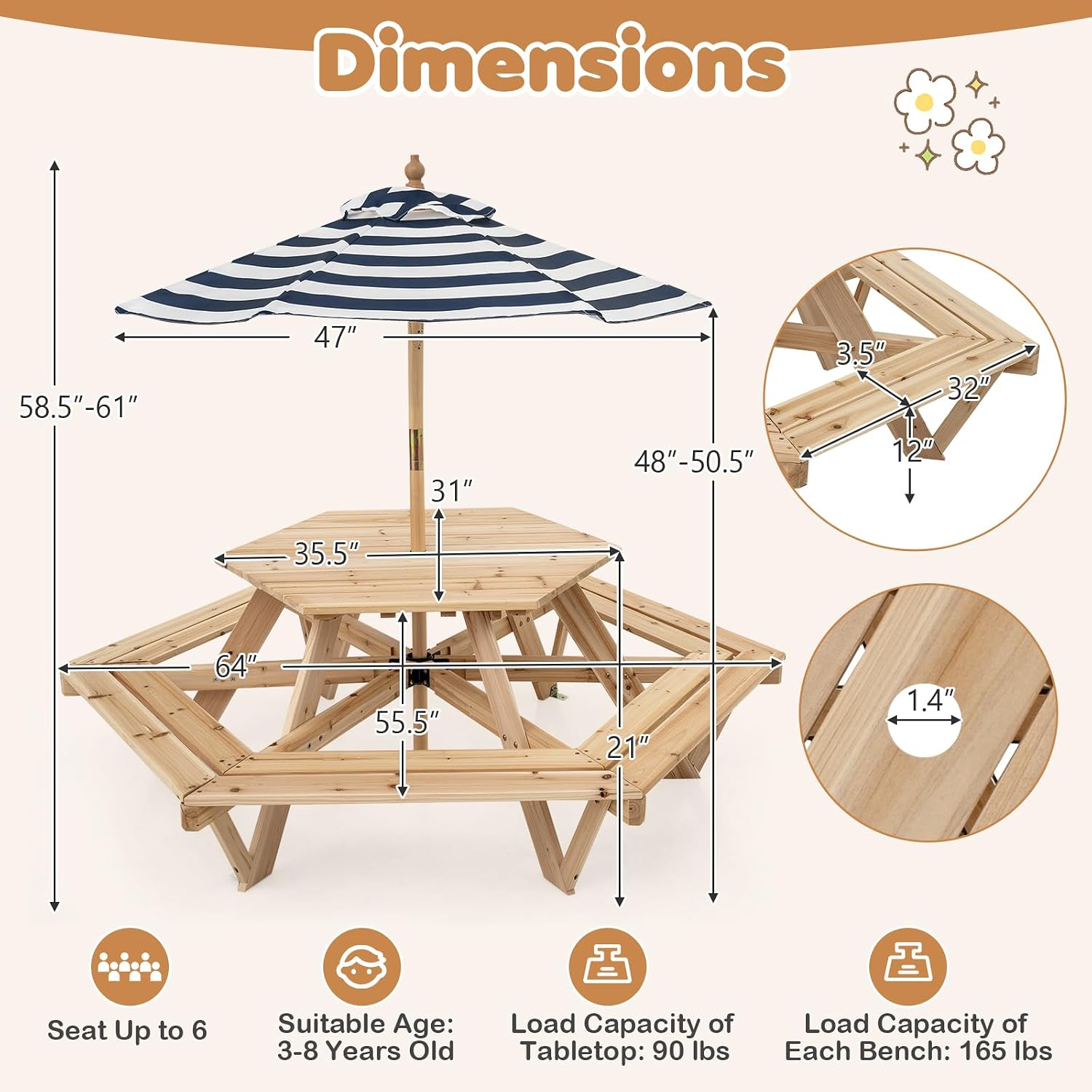 Kids Picnic Table, Hexagonal T - Kids Outdoor Umbrella For Table recensione e prezzo